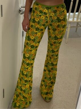 Michael Kors Collection Sequin Orange Green Floral Lace Flare Pant Trouser Sz 0
